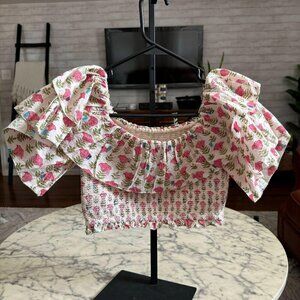 Saylor Floral Cherry Blossom Ruffle Short Sleeves Strapless Cropped Top Size XS